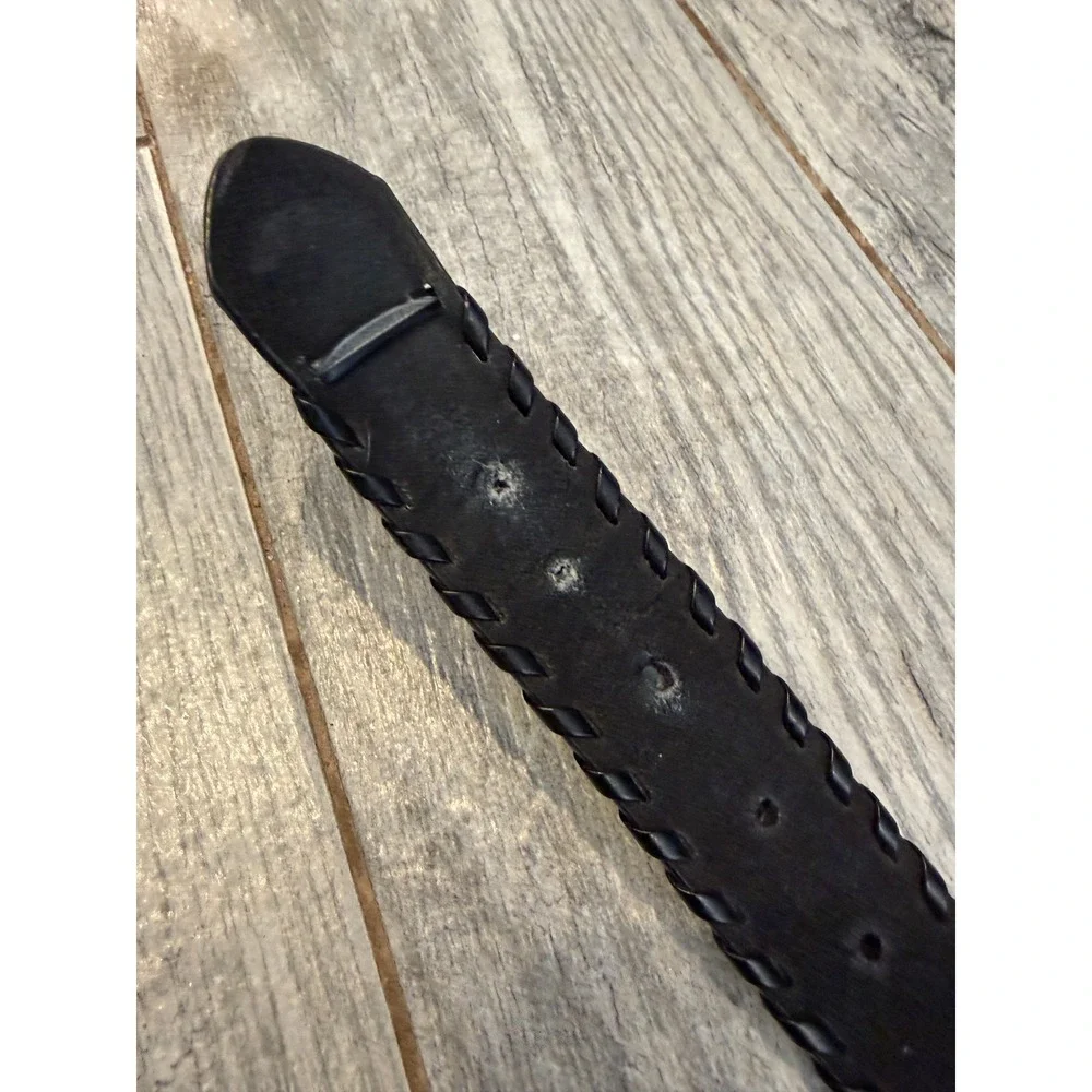 Braided Edge Genuine Leather Belt Mens 44 Black Whipstitch Silver Buckle Western